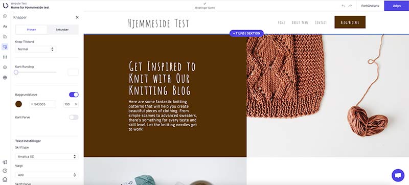 Kontrolpanelet i en gratis hjemmeside hos Bricksite.